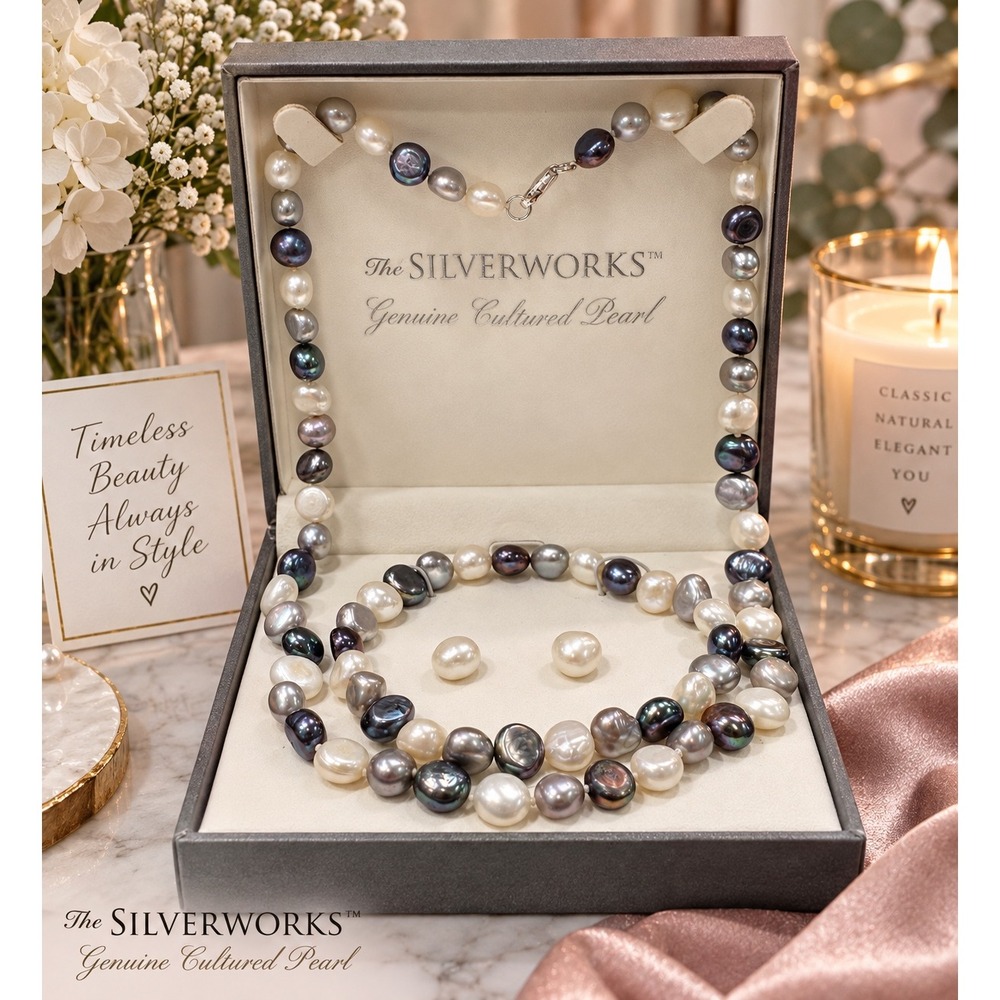 Silverworks Freshwater Cultured Pearl 3-Pc Set Necklace Bracelet Earrings NIB